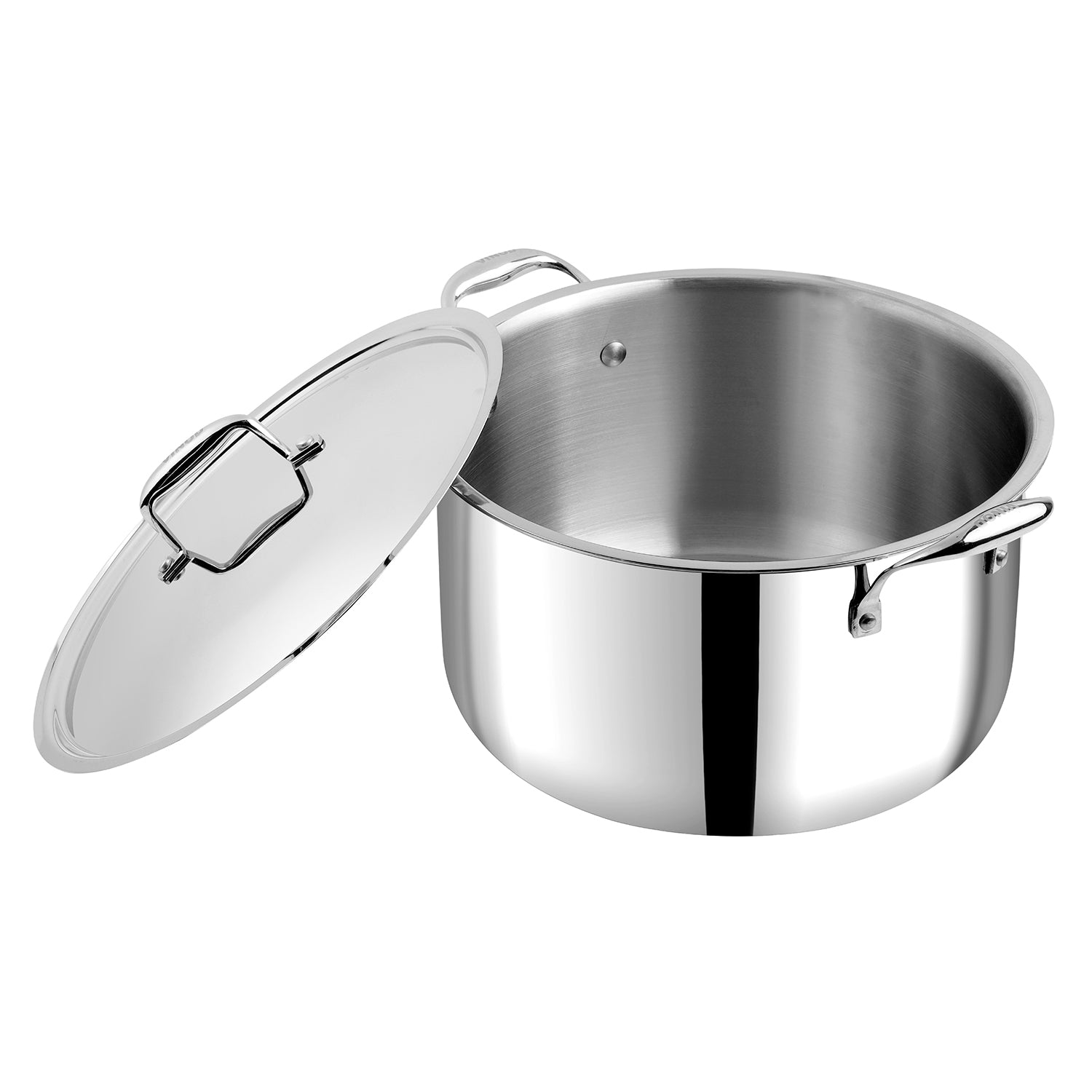 A large silver stainless steel Vinod Platinum Biryani Pot with a lid, displayed alongside a spoon and decorative spices on a kitchen towel, indicating its use for cooking biryani.
