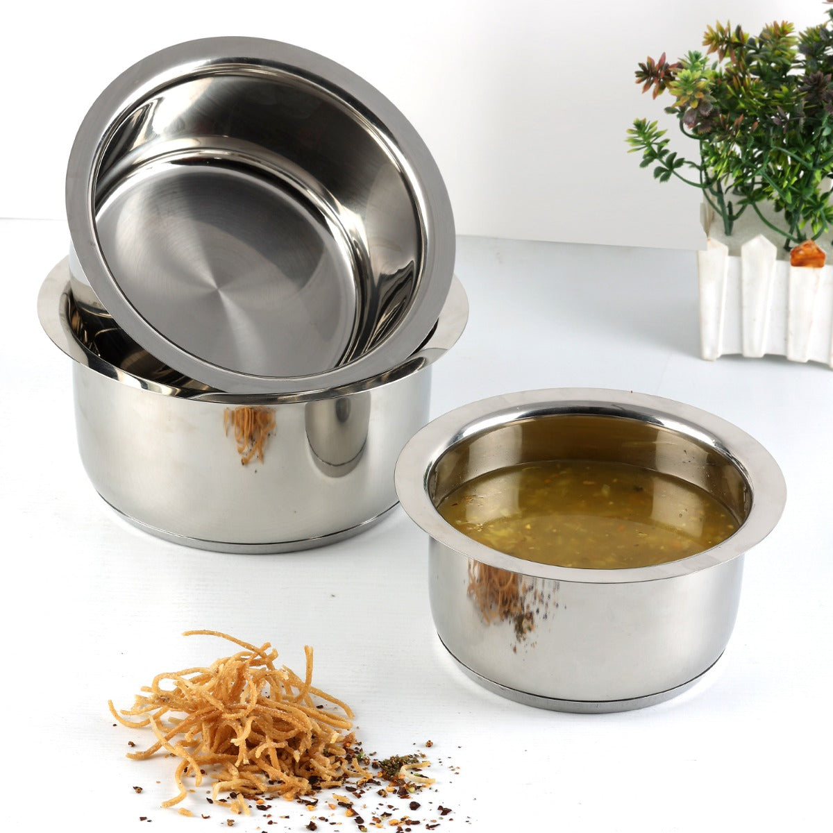 Vinod Stainless Steel 3pc Capsule Bottom Tope Set - Induction Friendly, Set of 14 No, 15 No and 16 No, Mirror Polish Finish | Vinod Cookware India