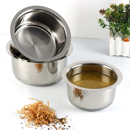Vinod Stainless Steel 3pc Capsule Bottom Tope Set - Induction Friendly, Set of 14 No, 15 No and 16 No, Mirror Polish Finish | Vinod Cookware India