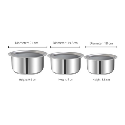 Vinod Stainless Steel 3pc Tope Set - Outer Diameter 27cm, Ideal for Bulk Cooking, Boiling and Everyday Indian Kitchen Use | Vinod Cookware India