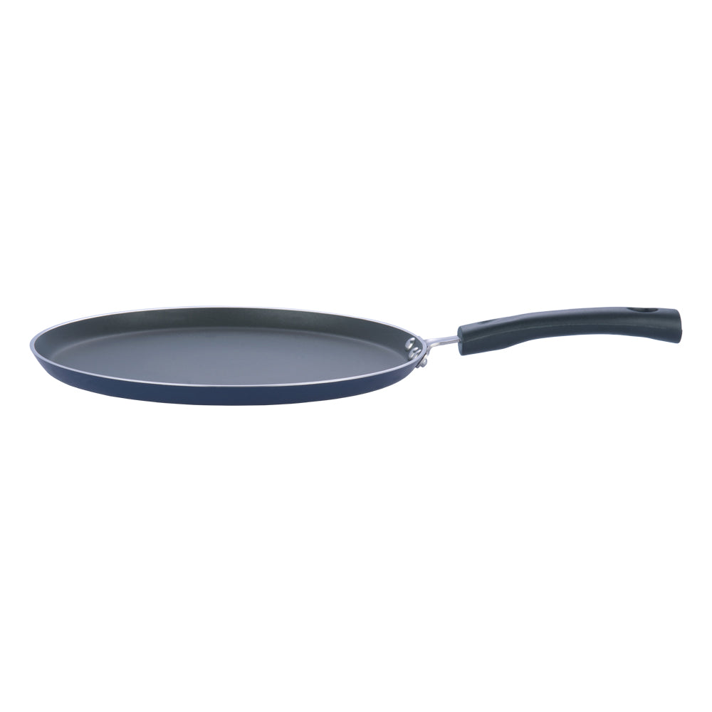 Side view of a  nonstick tawa with a slim design and black ergonomic handle, ideal for making rotis and dosas.