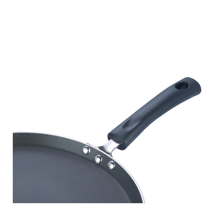 nonstick tawa showing a sturdy riveted handle with an ergonomic grip for comfortable use.