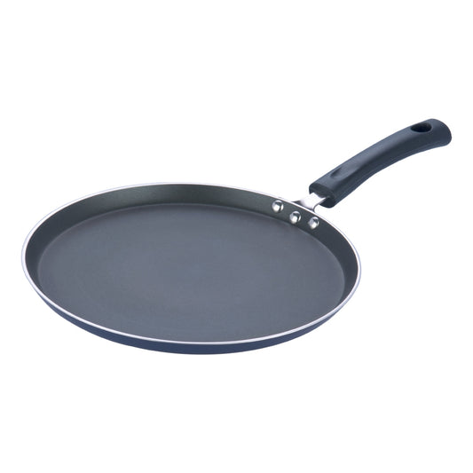 nonstick tawa with a smooth cooking surface and black ergonomic handle, ideal for making
 dosas 